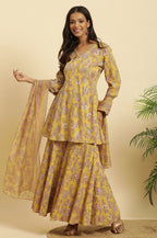 W for Woman Yellow Floral Printed Short Flared Kurta, Sharara and Dupatta Set | Grocsy