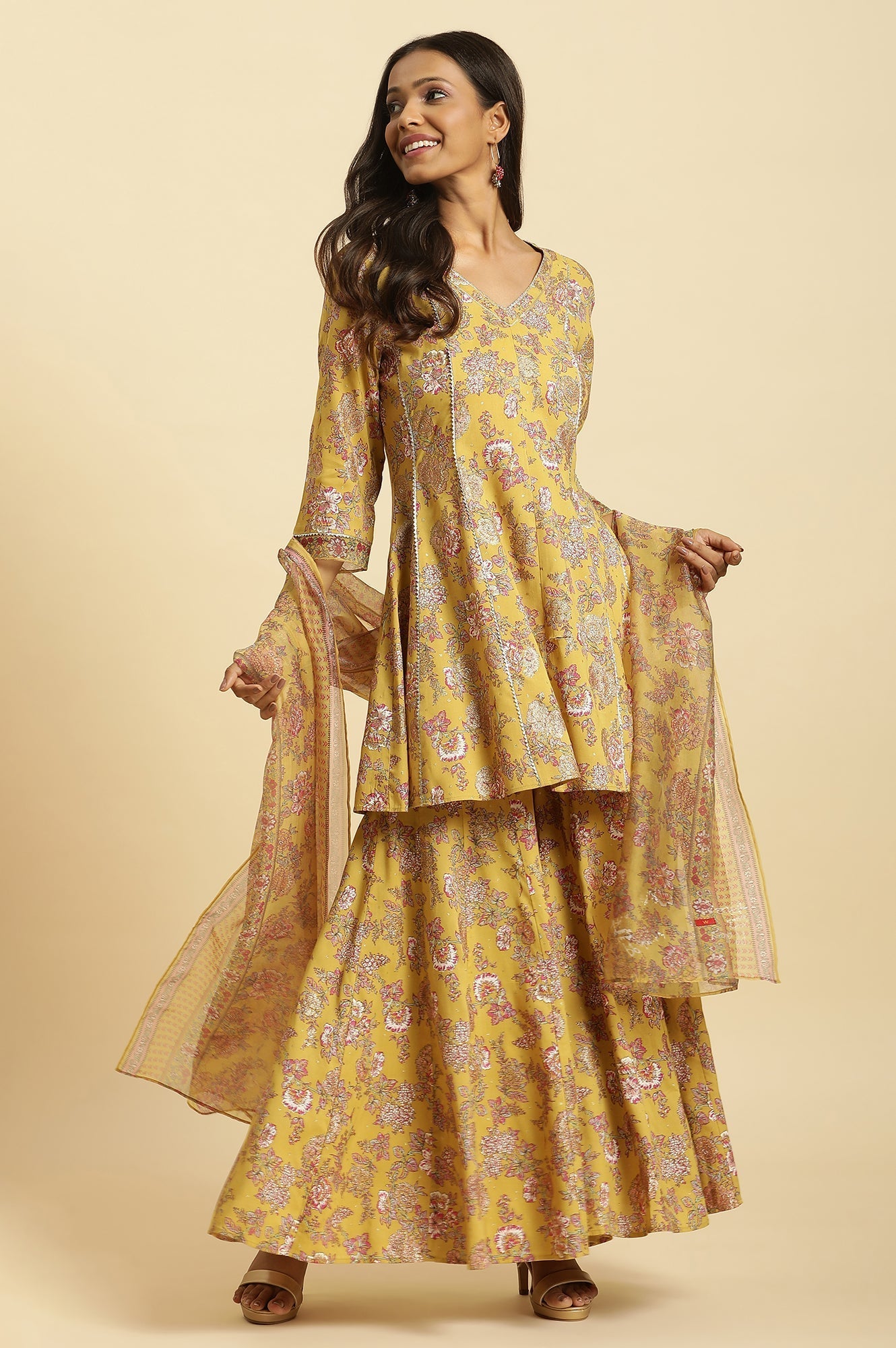 W for Woman Yellow Floral Printed Short Flared Kurta, Sharara And Dupatta Set | Grocsy