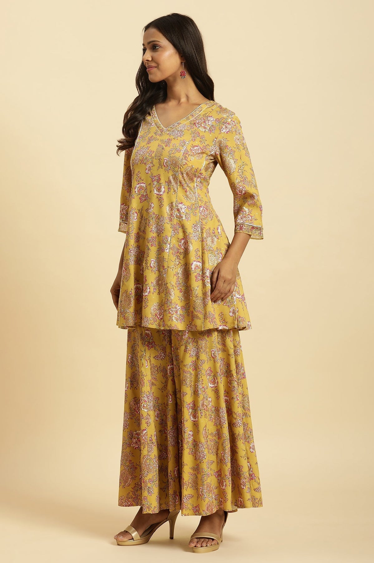 W for Woman Yellow Floral Printed Short Flared Kurta, Sharara and Dupatta Set | Grocsy