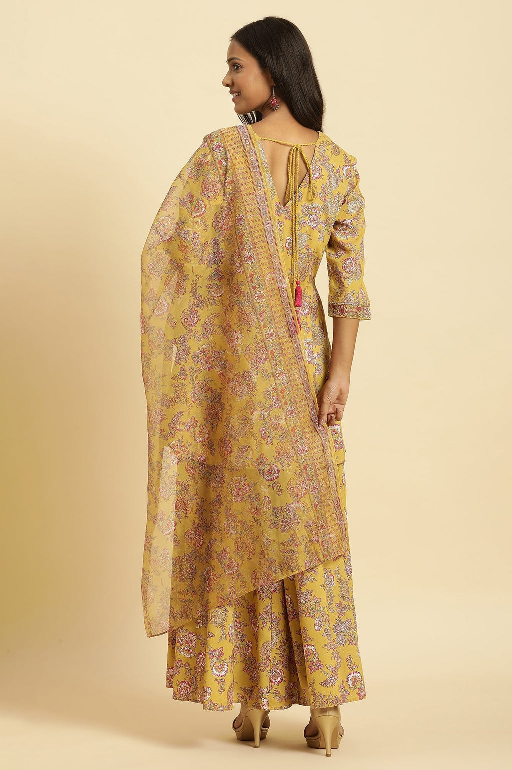 W for Woman Yellow Floral Printed Short Flared Kurta, Sharara And Dupatta Set | Grocsy