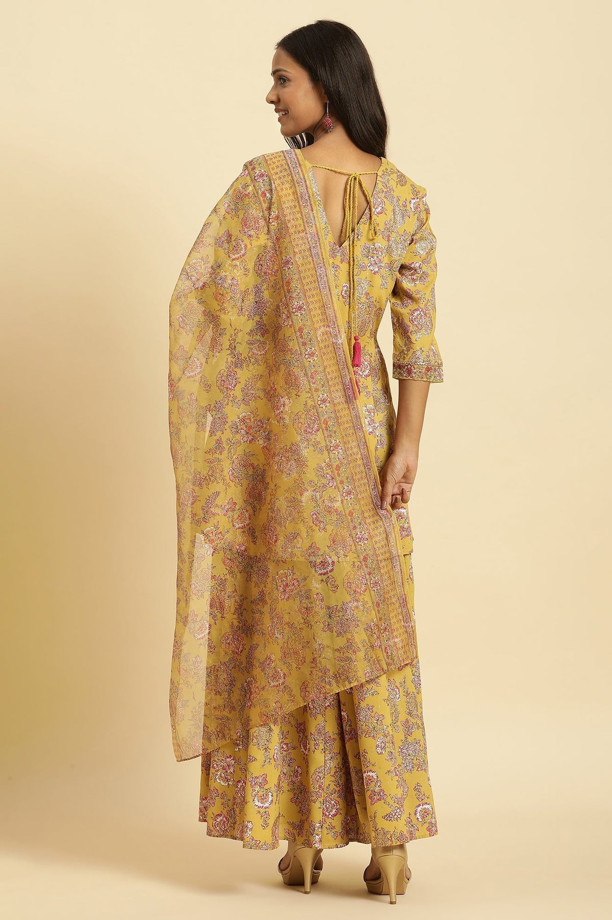 W for Woman Yellow Floral Printed Short Flared Kurta, Sharara And Dupatta Set | Grocsy