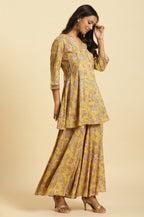 W for Woman Yellow Floral Printed Short Flared Kurta, Sharara And Dupatta Set | Grocsy