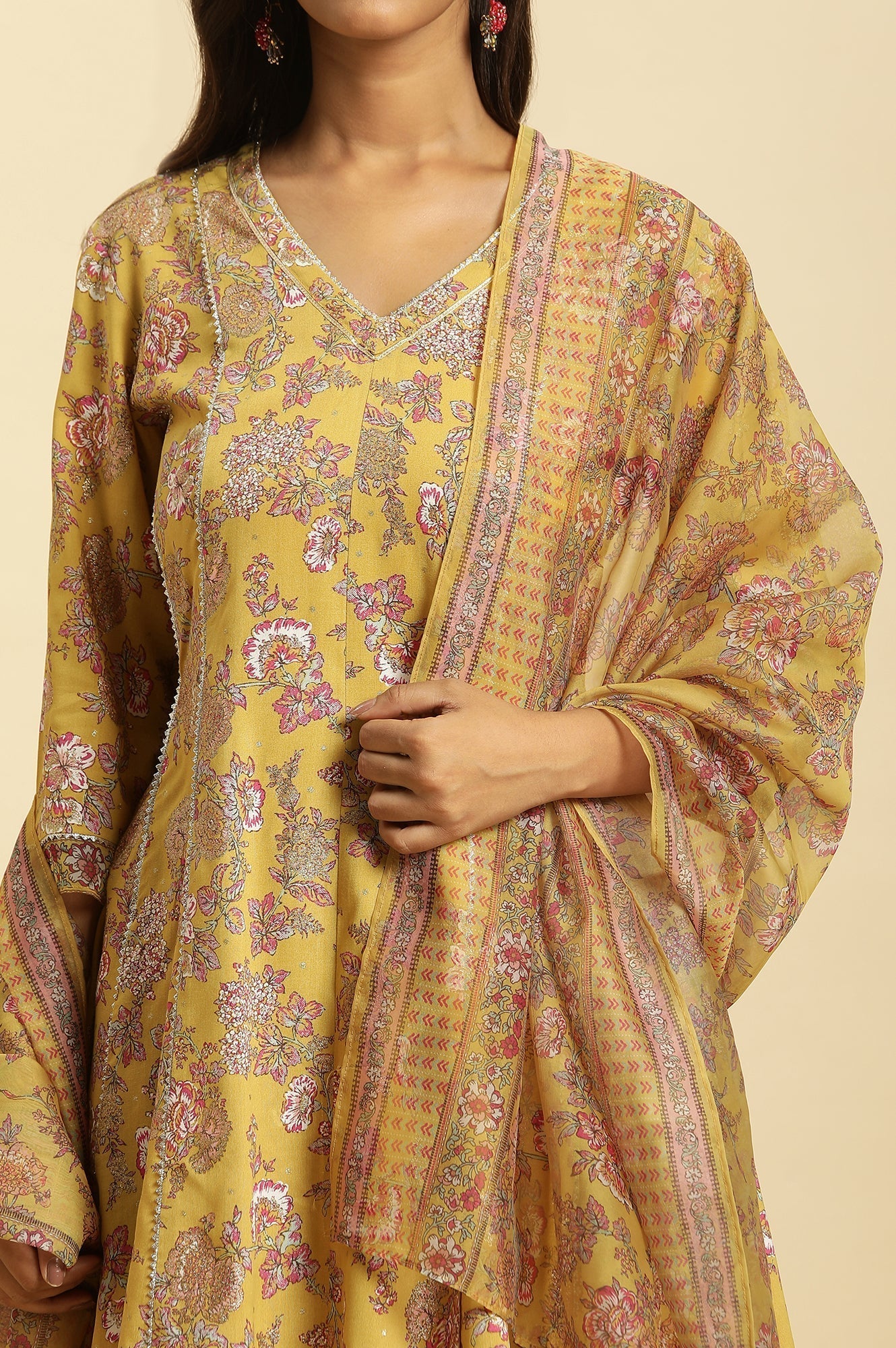 W for Woman Yellow Floral Printed Short Flared Kurta, Sharara and Dupatta Set | Grocsy
