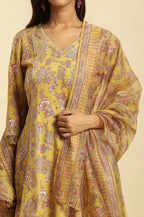W for Woman Yellow Floral Printed Short Flared Kurta, Sharara And Dupatta Set | Grocsy