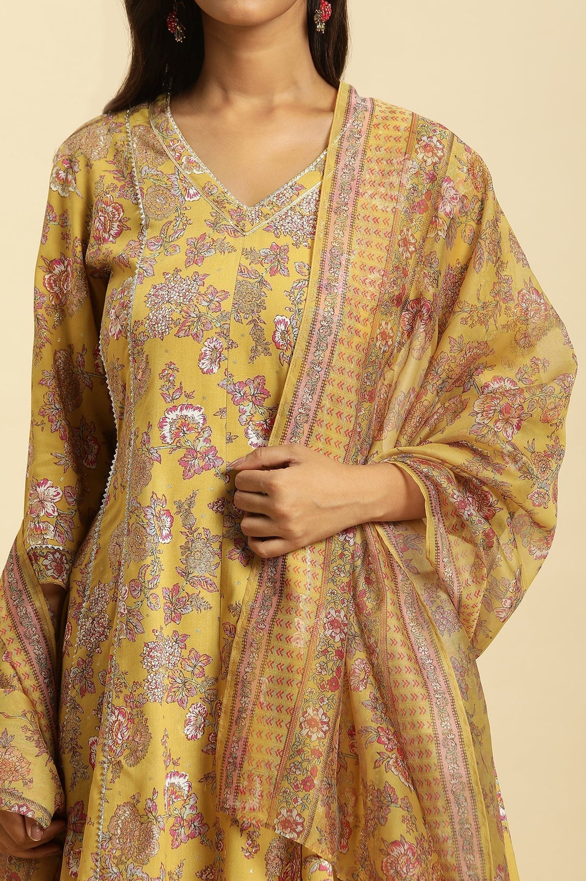 W for Woman Yellow Floral Printed Short Flared Kurta, Sharara And Dupatta Set | Grocsy