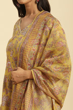 W for Woman Yellow Floral Printed Short Flared Kurta, Sharara And Dupatta Set | Grocsy