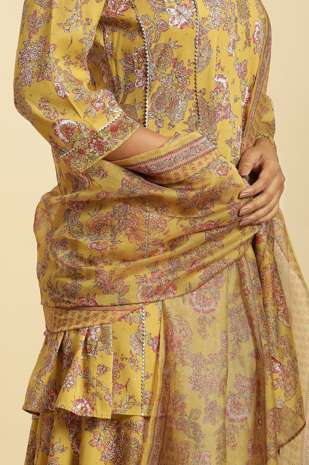 W for Woman Yellow Floral Printed Short Flared Kurta, Sharara And Dupatta Set | Grocsy