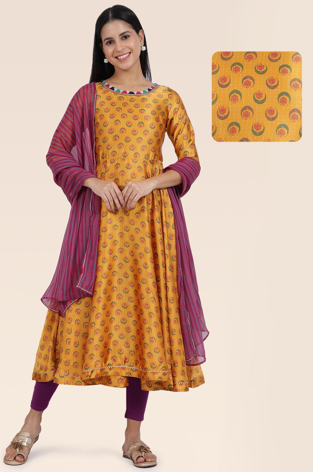 W for Woman Yellow Floral Printed Satin Festive Anarkali Kurta and Leggings Set with Dupatta | Grocsy