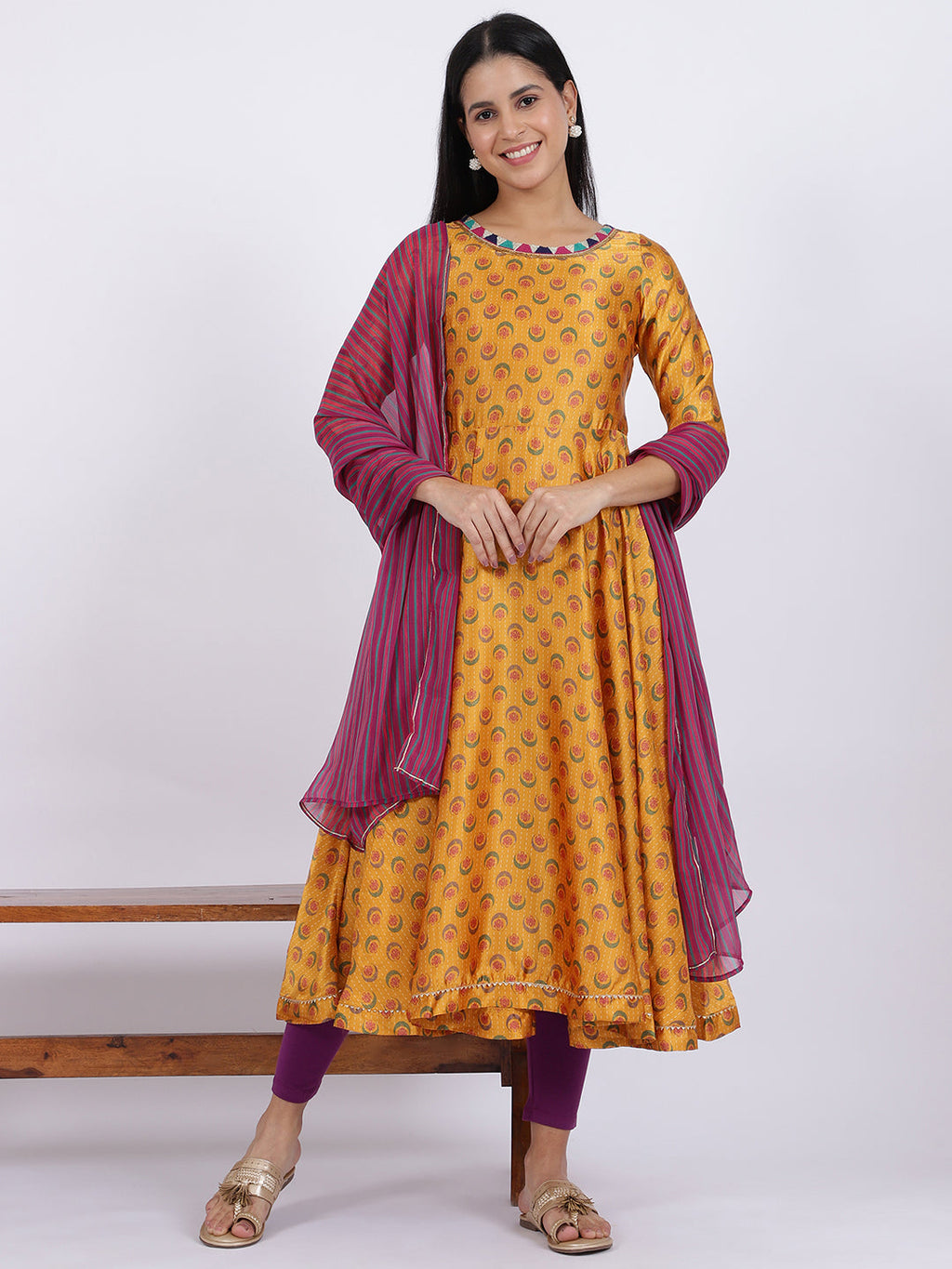 W for Woman Yellow Floral Printed Satin Festive Anarkali Kurta and Leggings Set with Dupatta | Grocsy