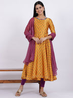 W for Woman Yellow Floral Printed Satin Festive Anarkali Kurta and Leggings Set with Dupatta | Grocsy