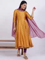 W for Woman Yellow Floral Printed Satin Festive Anarkali Kurta and Leggings Set with Dupatta | Grocsy