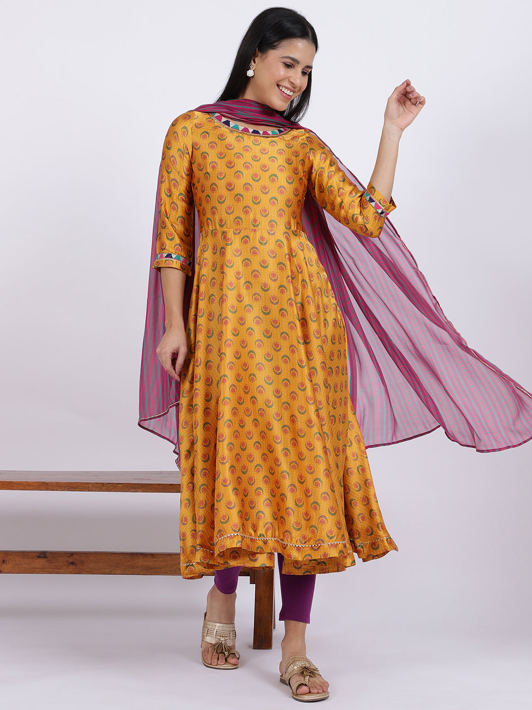 W for Woman Yellow Floral Printed Satin Festive Anarkali Kurta and Leggings Set with Dupatta | Grocsy