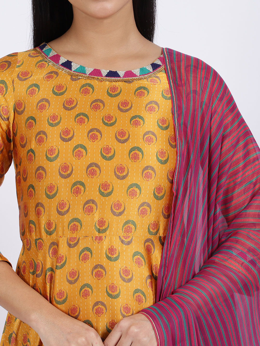 W for Woman Yellow Floral Printed Satin Festive Anarkali Kurta and Leggings Set with Dupatta | Grocsy