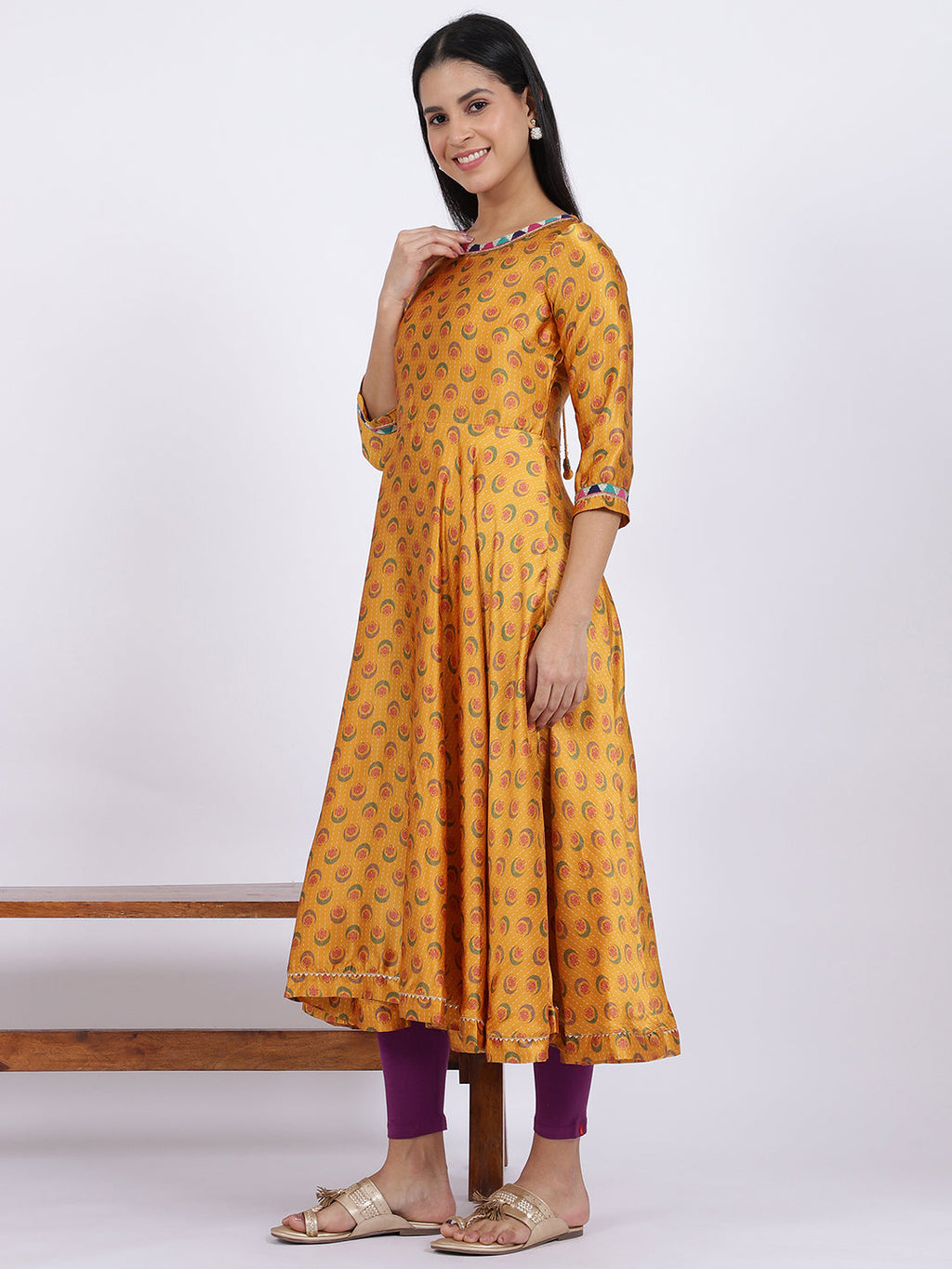 W for Woman Yellow Floral Printed Satin Festive Anarkali Kurta and Leggings Set with Dupatta | Grocsy