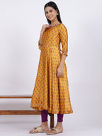 W for Woman Yellow Floral Printed Satin Festive Anarkali Kurta and Leggings Set with Dupatta | Grocsy