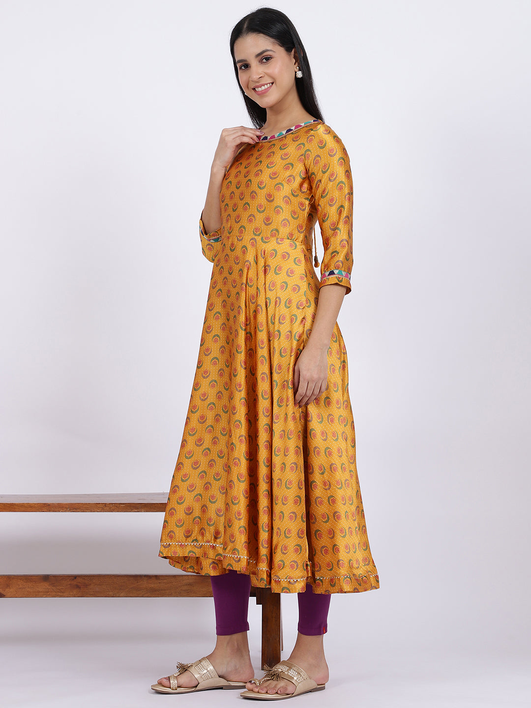 W for Woman Yellow Floral Printed Satin Festive Anarkali Kurta and Leggings Set with Dupatta | Grocsy