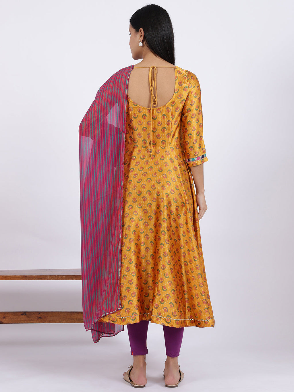 W for Woman Yellow Floral Printed Satin Festive Anarkali Kurta and Leggings Set with Dupatta | Grocsy