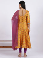 W for Woman Yellow Floral Printed Satin Festive Anarkali Kurta and Leggings Set with Dupatta | Grocsy