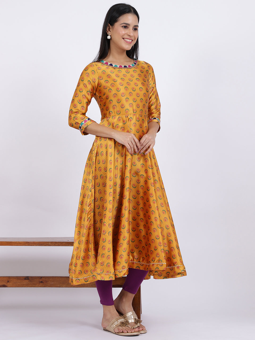 W for Woman Yellow Floral Printed Satin Festive Anarkali Kurta and Leggings Set with Dupatta | Grocsy