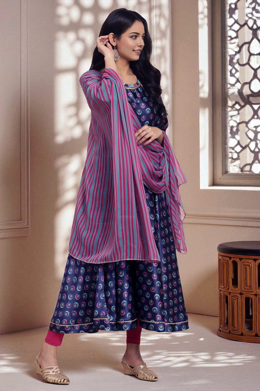 W for Woman Navy Blue Floral Printed Satin Anarkali Kurta and Leggings Set with Dupatta | Grocsy