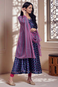 W for Woman Navy Blue Floral Printed Satin Anarkali Kurta and Leggings Set with Dupatta | Grocsy