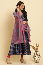 W for Woman Navy Blue Floral Printed Satin Anarkali Kurta and Leggings Set with Dupatta | Grocsy