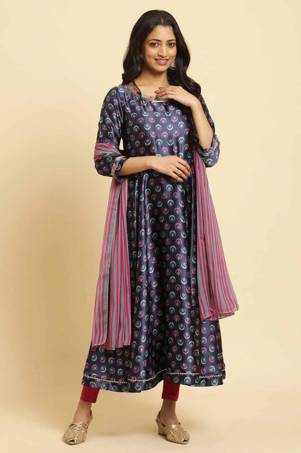 W for Woman Navy Blue Floral Printed Satin Anarkali Kurta and Leggings Set with Dupatta | Grocsy