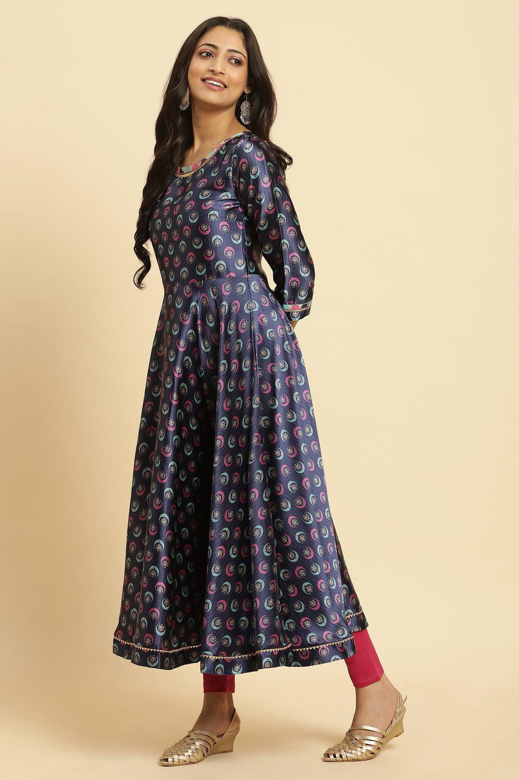 W for Woman Navy Blue Floral Printed Satin Anarkali Kurta and Leggings Set with Dupatta | Grocsy