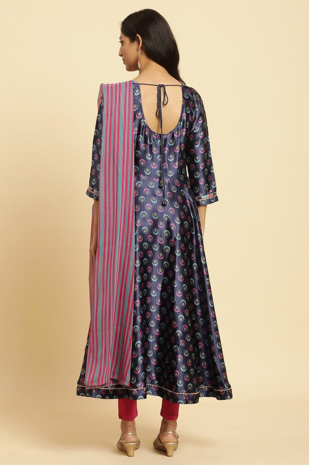 W for Woman Navy Blue Floral Printed Satin Anarkali Kurta and Leggings Set with Dupatta | Grocsy