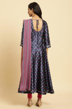 W for Woman Navy Blue Floral Printed Satin Anarkali Kurta and Leggings Set with Dupatta | Grocsy