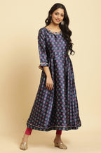 W for Woman Navy Blue Floral Printed Satin Anarkali Kurta and Leggings Set with Dupatta | Grocsy