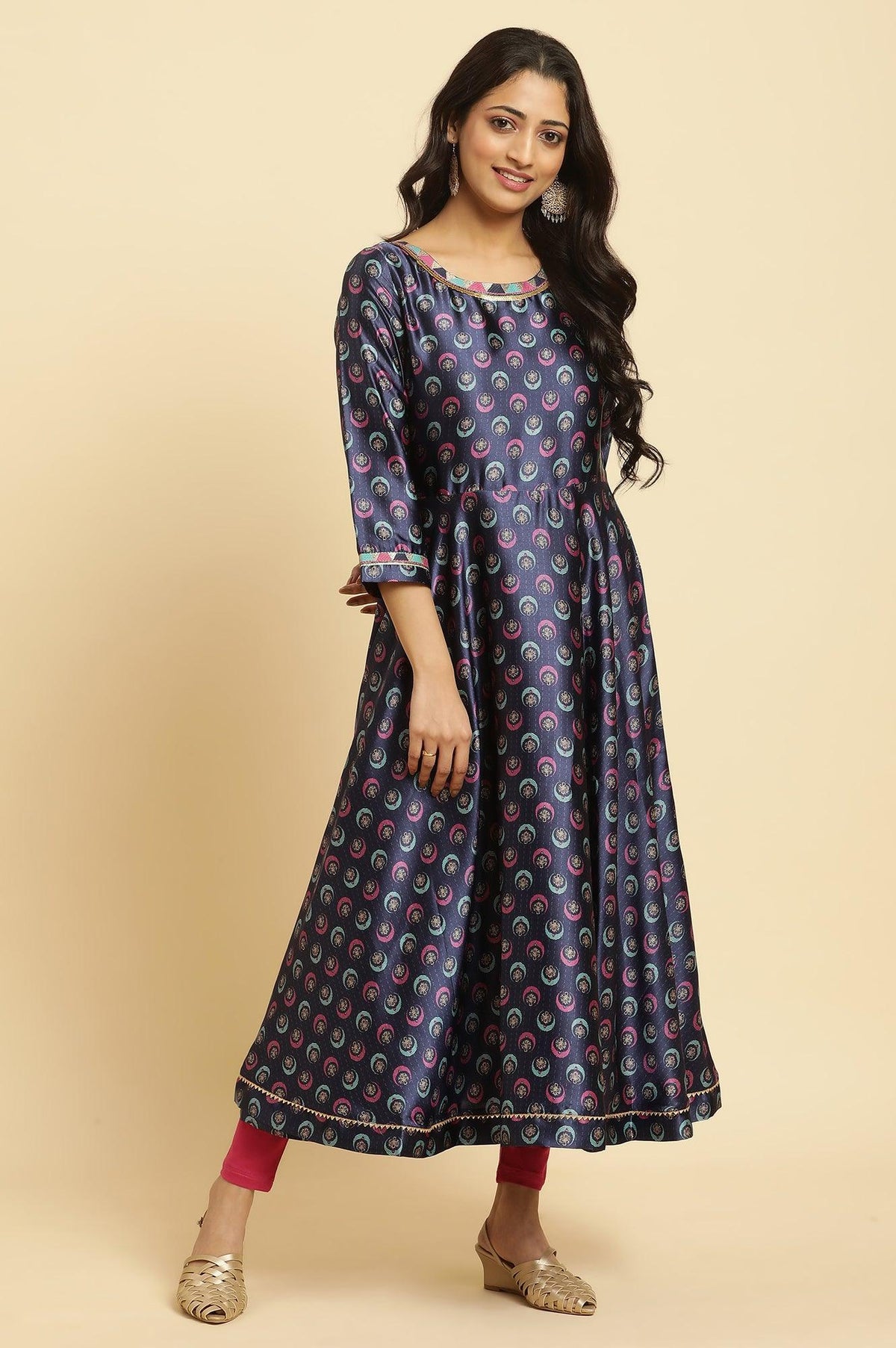 W for Woman Navy Blue Floral Printed Satin Anarkali Kurta and Leggings Set with Dupatta | Grocsy