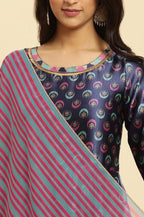 W for Woman Navy Blue Floral Printed Satin Anarkali Kurta and Leggings Set with Dupatta | Grocsy