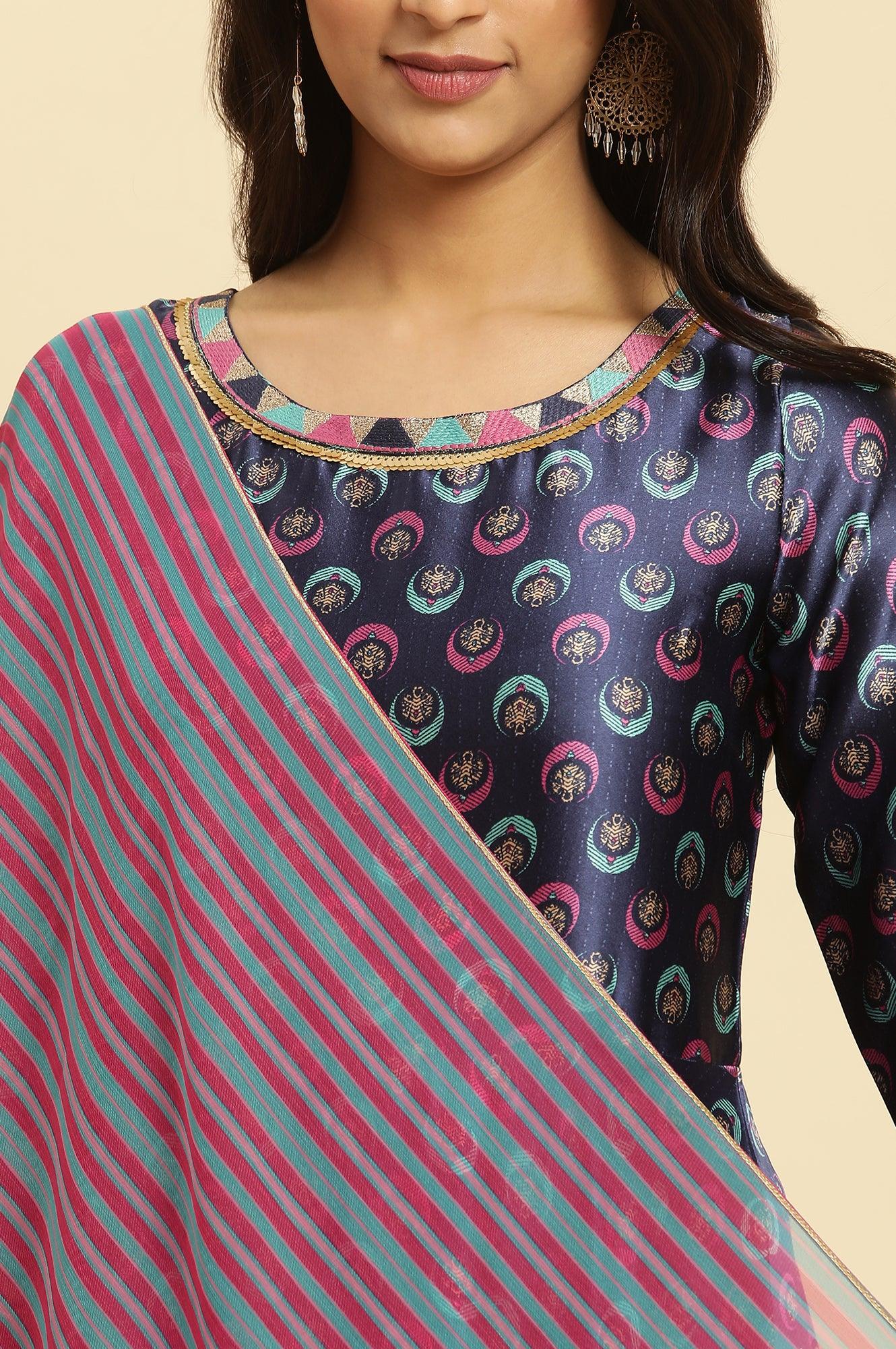 W for Woman Navy Blue Floral Printed Satin Anarkali Kurta and Leggings Set with Dupatta | Grocsy