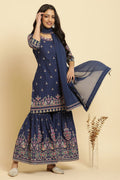 W for Woman Blue Floral Printed Kurta, Sharara And Dupatta Set | Grocsy