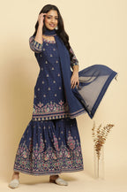 W for Woman Blue Floral Printed Kurta, Sharara And Dupatta Set | Grocsy