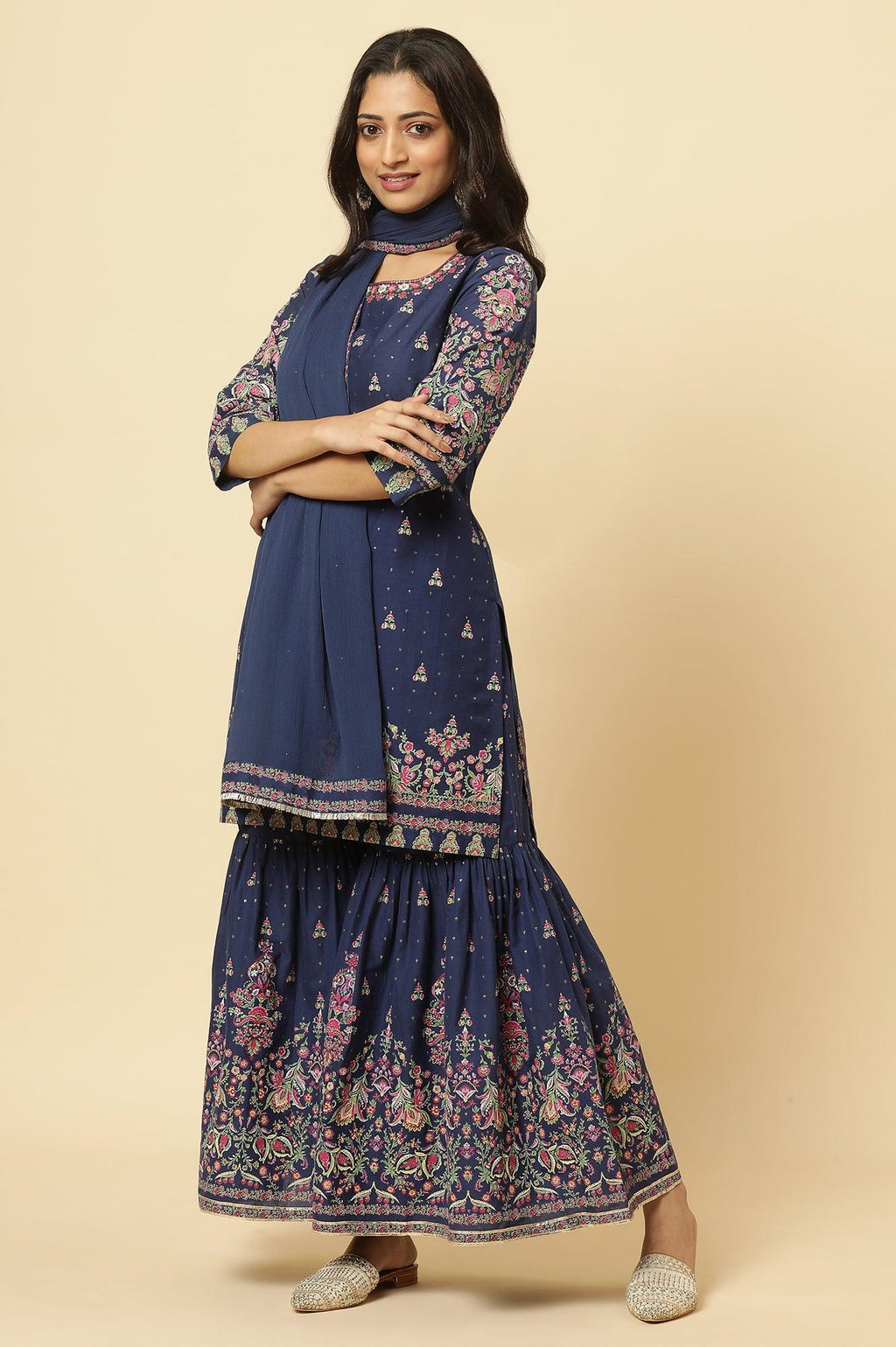 W for Woman Blue Floral Printed Kurta, Sharara And Dupatta Set | Grocsy