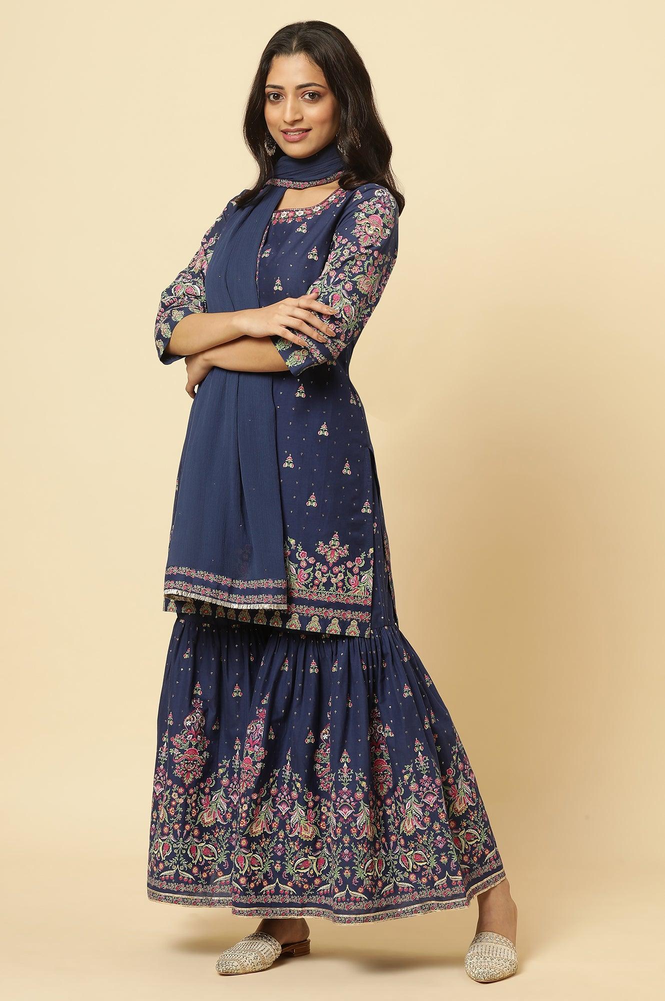 W for Woman Blue Floral Printed Kurta, Sharara And Dupatta Set | Grocsy