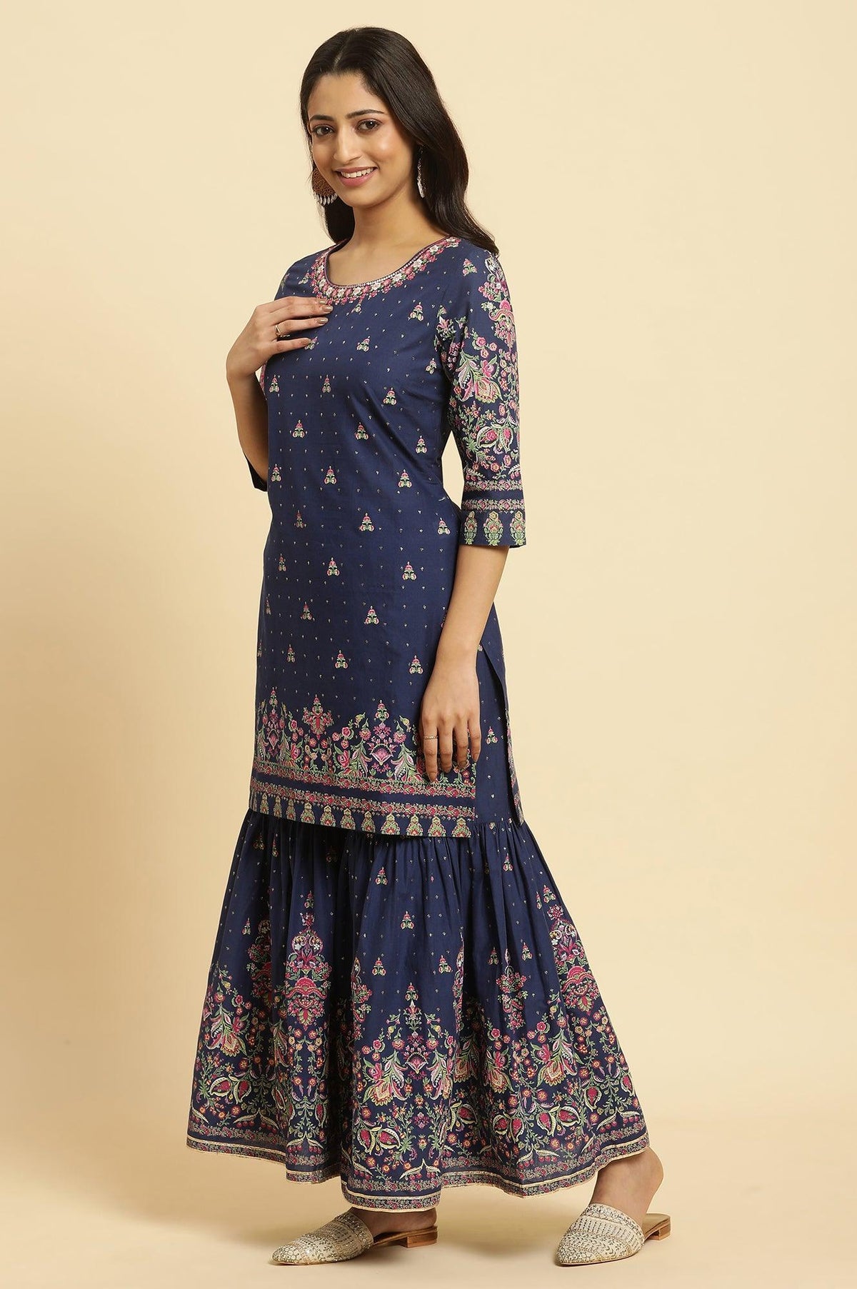 W for Woman Blue Floral Printed Kurta, Sharara And Dupatta Set | Grocsy