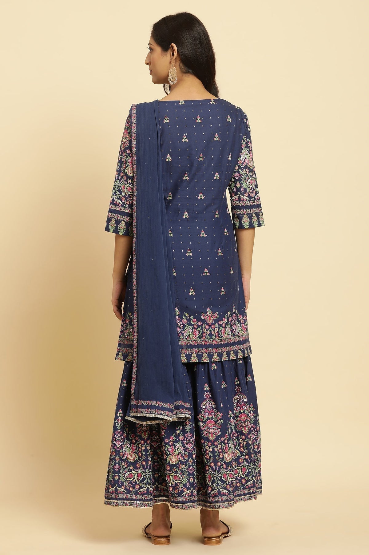 W for Woman Blue Floral Printed Kurta, Sharara And Dupatta Set | Grocsy