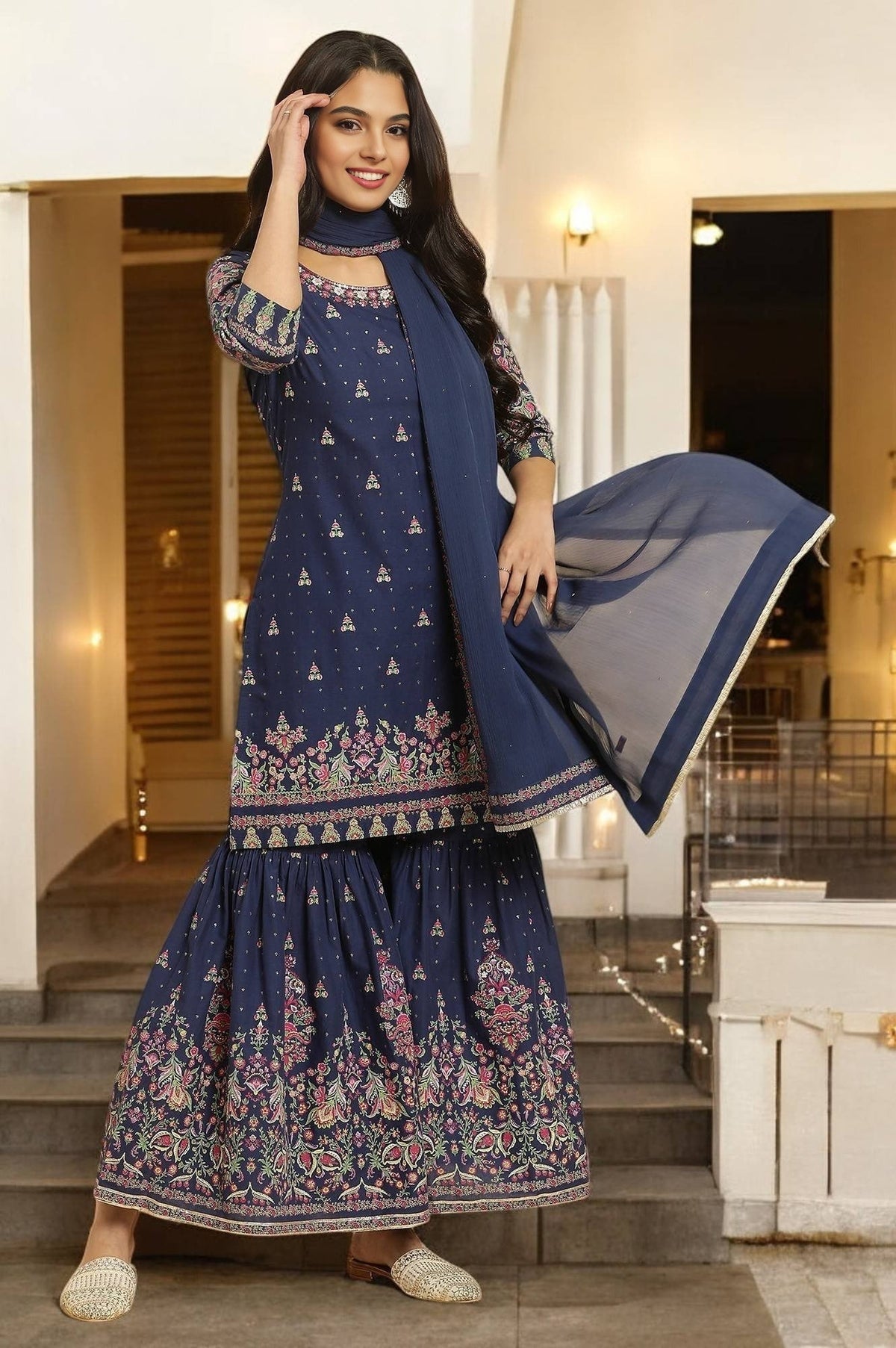 W for Woman Blue Floral Printed Kurta, Sharara And Dupatta Set | Grocsy