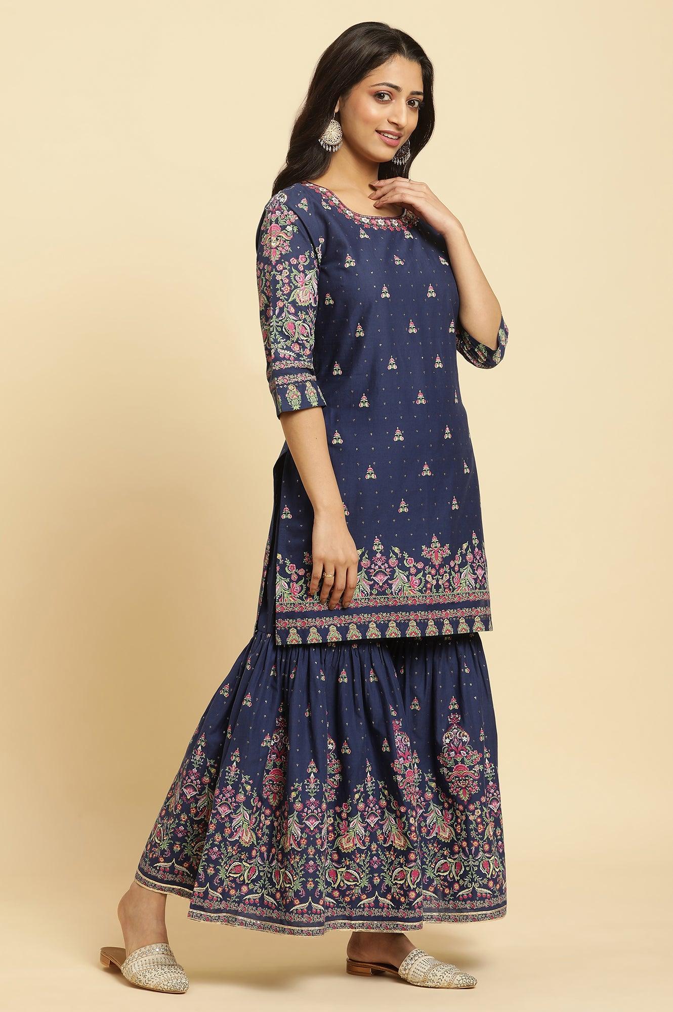 W for Woman Blue Floral Printed Kurta, Sharara And Dupatta Set | Grocsy