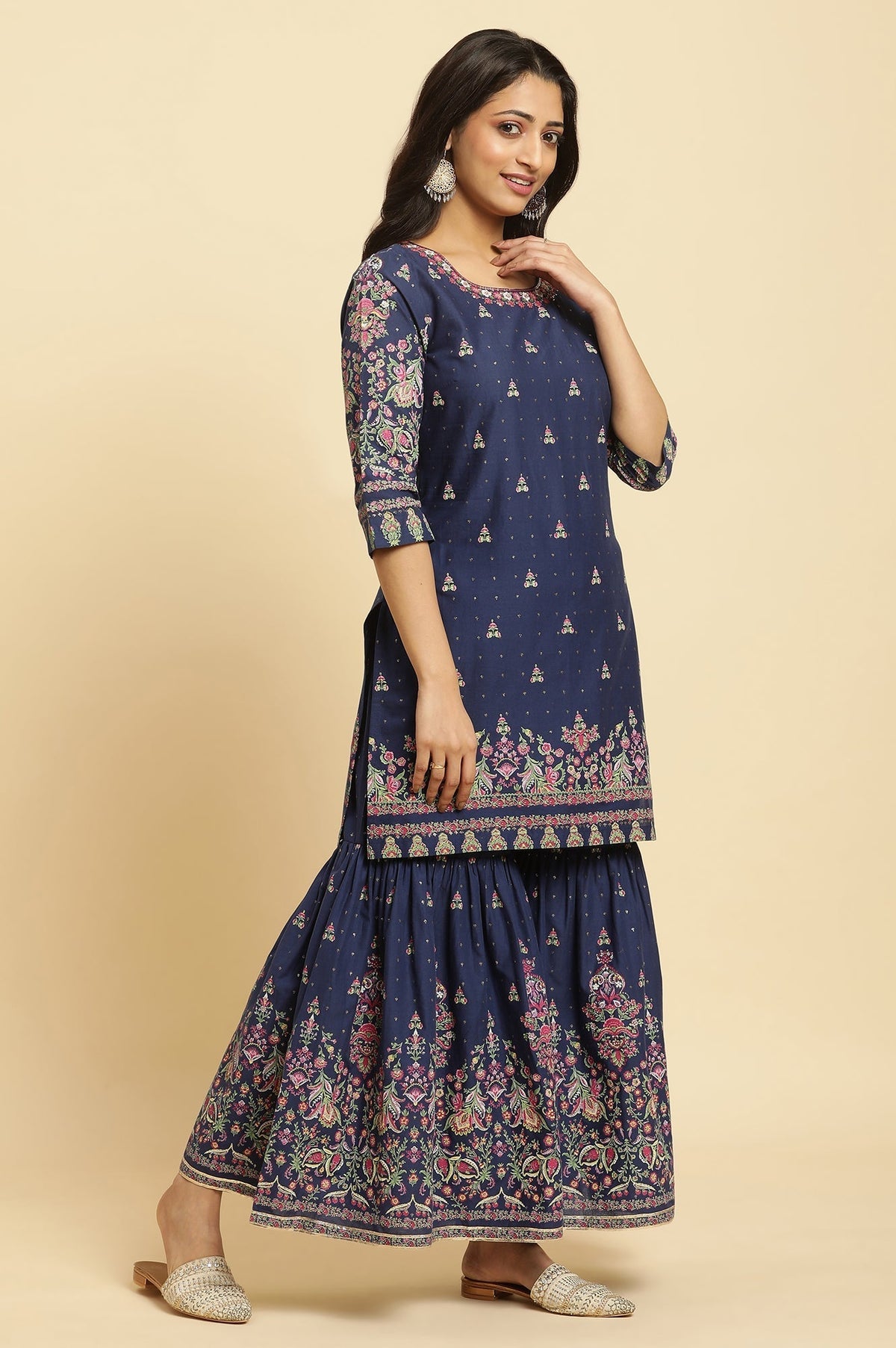 W for Woman Blue Floral Printed Kurta, Sharara And Dupatta Set | Grocsy
