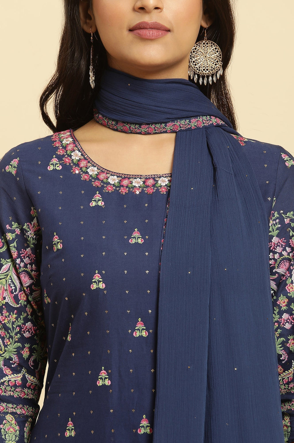 W for Woman Blue Floral Printed Kurta, Sharara And Dupatta Set | Grocsy