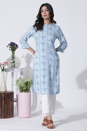 W for Woman Blue Geometric Print Shirt Kurta And Straight Pants Set | Grocsy