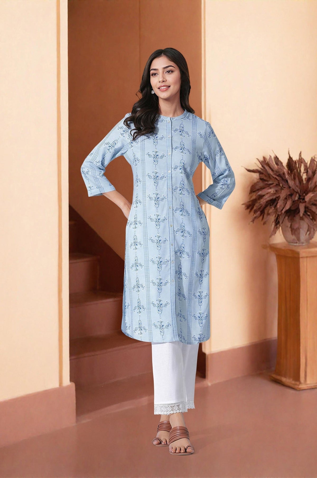 W for Woman Blue Geometric Print Shirt Kurta And Straight Pants Set | Grocsy