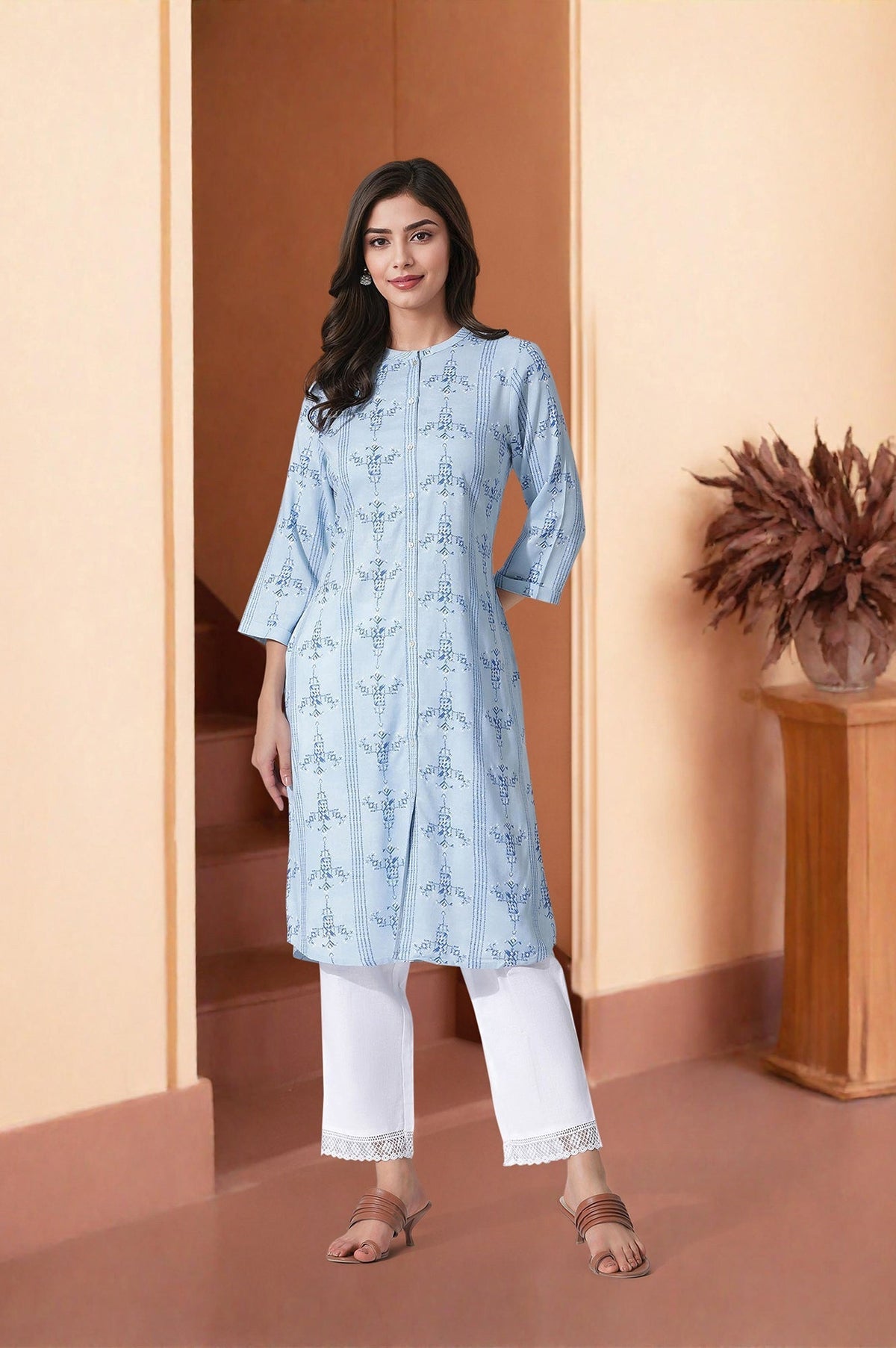 W for Woman Blue Geometric Print Shirt Kurta And Straight Pants Set | Grocsy