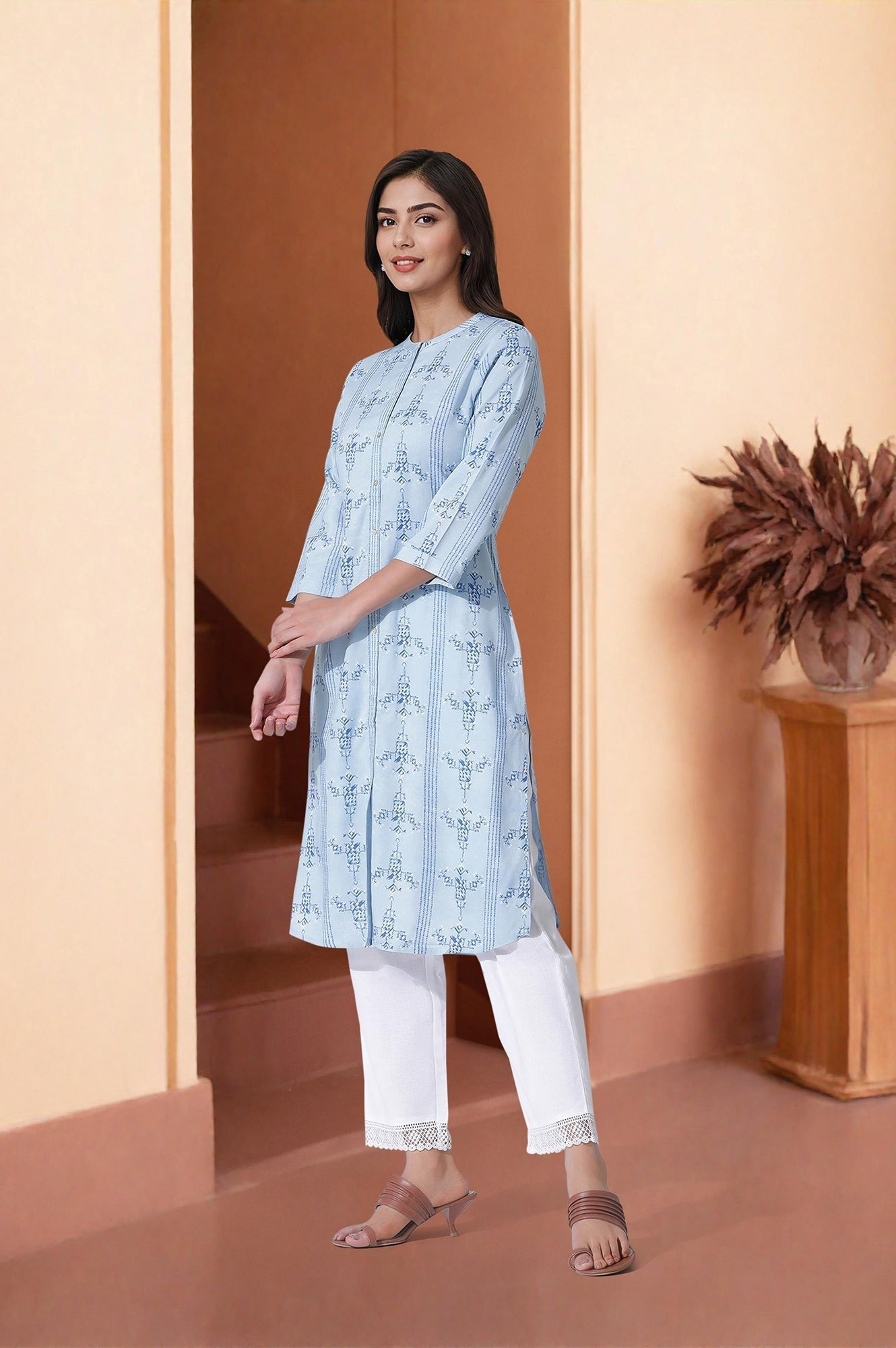 W for Woman Blue Geometric Print Shirt Kurta And Straight Pants Set | Grocsy