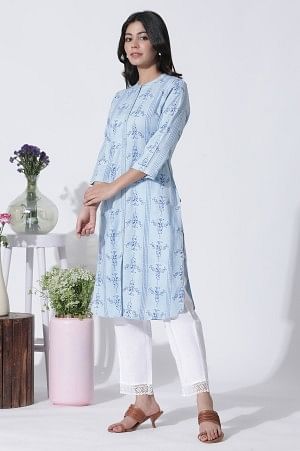 W for Woman Blue Geometric Print Shirt Kurta And Straight Pants Set | Grocsy