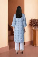 W for Woman Blue Geometric Print Shirt Kurta And Straight Pants Set | Grocsy